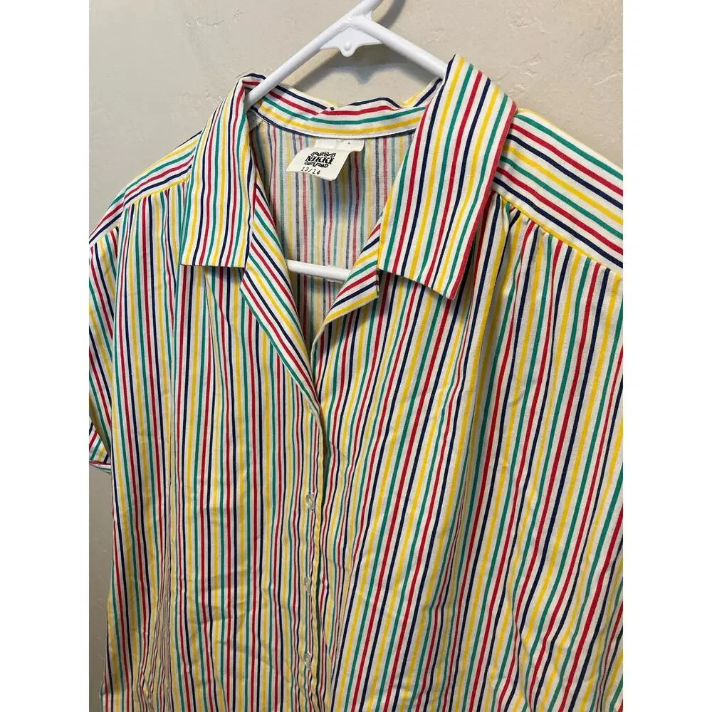70's Vintage Nikki Rainbow Striped Short Sleeve Button Up Blouse Size 13/14 - Picture 9 of 12
